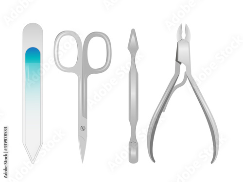 Set of tools for manicure. Scissors  nail file  scraper  nippers. Vector illustration