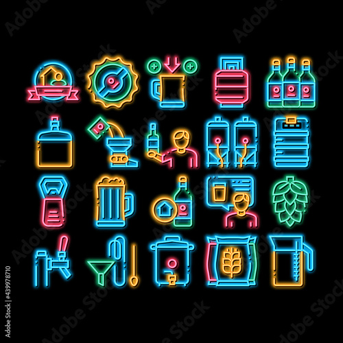Home Brewing Beer neon light sign vector. Glowing bright icon Barrel And Bottle, Hops And Malt, Faucet And Opener Home Brewing Alcoholic Drink Illustrations