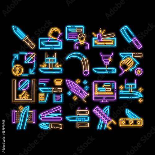 Knife Making Utensil neon light sign vector. Glowing bright icon Sharpening And Machine Knife Making, Sizes On Web Site And Characteristics Illustrations