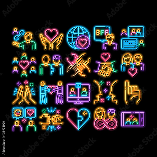 Friendship Relation neon light sign vector. Glowing bright icon Handshake And Friendship Gesture, Love And Partnership, Internet Communication Illustrations