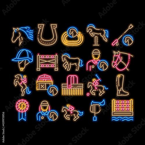 Equestrian Animal neon light sign vector. Glowing bright icon Equestrian Horse And Polo Game, Rider Helmet And Shoe, Horseshoe And Barrier Illustrations