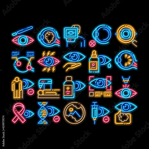 Glaucoma Ophthalmology neon light sign vector. Glowing bright icon Glaucoma Disease Symptoms And Treatment Eye Drop And Medical Equipment Illustrations