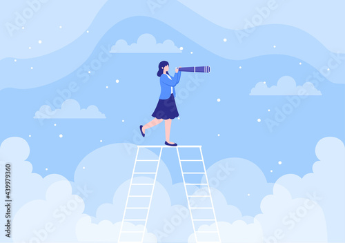 Business Vision And Target By Holding Binoculars Towards Career Success. Vector Illustration