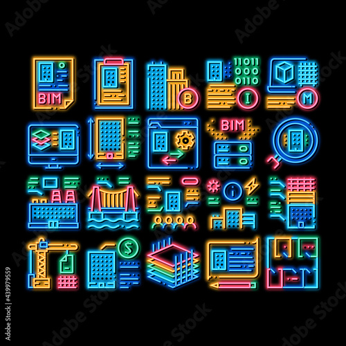 Bim Building Information Modeling neon light sign vector. Glowing bright icon Building Document And Plan, Research And Build Construction, Bridge And Apartment Illustrations