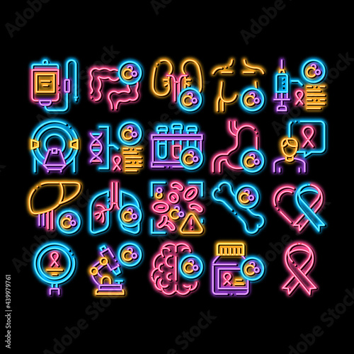 Cancer Human Disease neon light sign vector. Glowing bright icon Stomach And Intestines, Brain And Kidneys, Liver And Lungs Cancer, Research And Treatment Illustrations