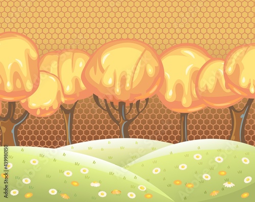 Fabulous sweet landscape with honey trees. Children's fantastic illustration with a honeycomb. Cartoon style. Cute cheerful scene. Summer flower hills. Vector