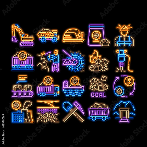 Coal Mining Equipment neon light sign vector. Glowing bright icon Coal Truck Delivery And Conveyer, Helmet And Jackhammer, Excavator And Factory Illustrations
