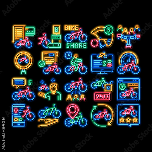 Bike Sharing Business neon light sign vector. Glowing bright icon Bike Share Deal And Agreement, Web Site And Phone Application, Helmet And Bicycle Parking Illustrations