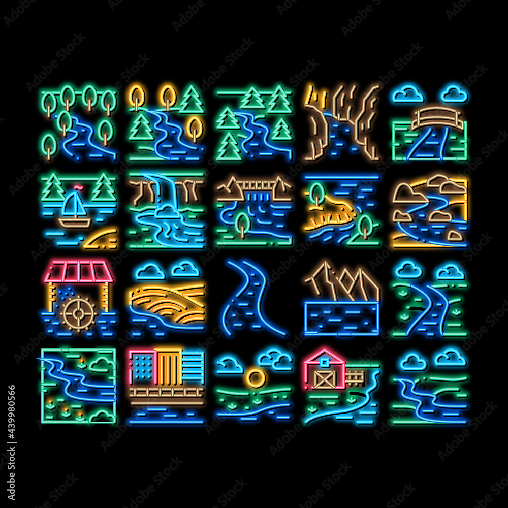 River Landscape neon light sign vector. Glowing bright icon River With Mountain And Forest, Bridge And City Buildings, Water Mill And Field Illustrations