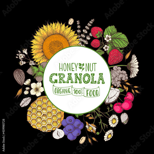 Granola illustration. Breakfast label. Oat flakes , berries, fruits and nuts. Breakfast top view frame. Morning food menu design. Hand drawn vector illustration.