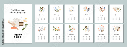 Vertical calendar 2022, 12 months. Week start from Sunday. Event planner, organizer, schedule page design, weekly timetable. Bathroom accessories, bath item, toiletry. Vector flat cartoon illustration