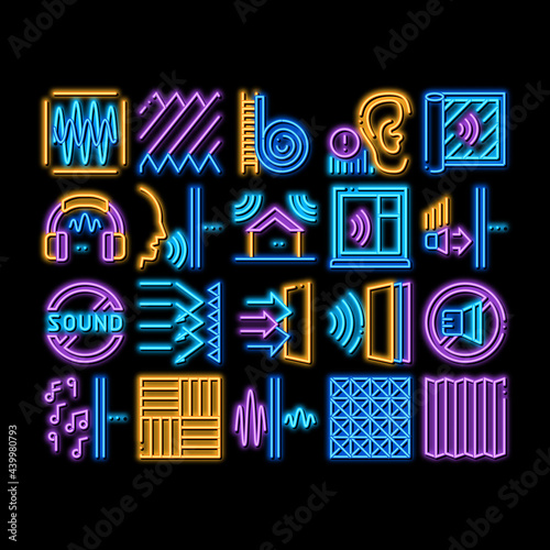 Soundproofing Building Material neon light sign vector. Glowing bright icon Of Soundproofing Windows And Roof  Wall Insulation And Floor Covering Illustrations