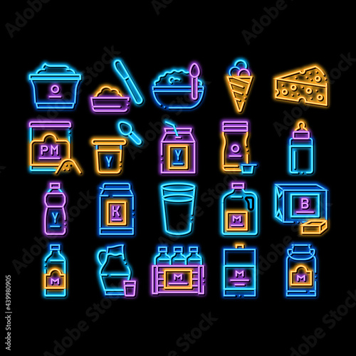 Dairy Drink And Food neon light sign vector. Glowing bright icon Dairy Cheese And Ice Cream, Fresh Milk And Butter, Yogurt And Breakfast Porridge Illustrations