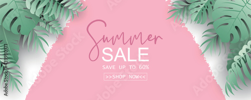Summer sale banner design with tropical leaves background