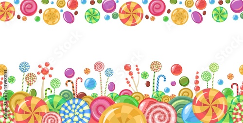 Sweets and scattered. Frame. Assorted lollipop dessert interspersed. Candy caramel with stick. Seamless border. Flat Background illustration. Vector