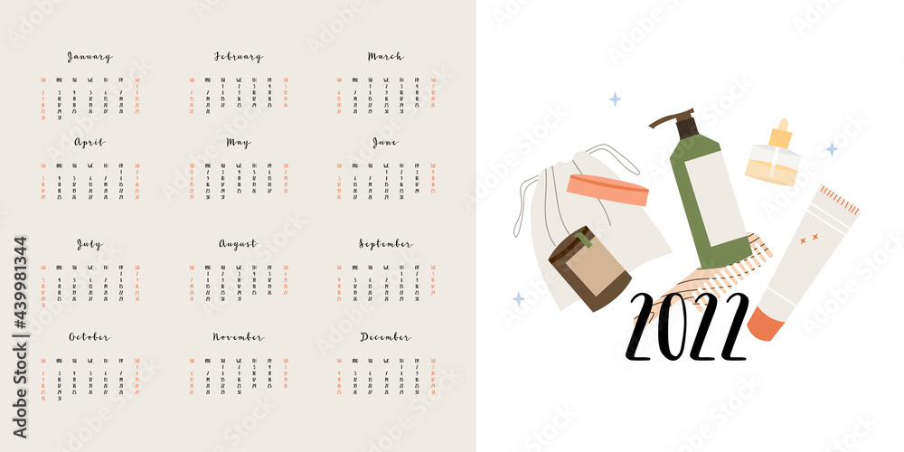 Vertical calendar 2022, 12 months. Week start from Sunday. Event