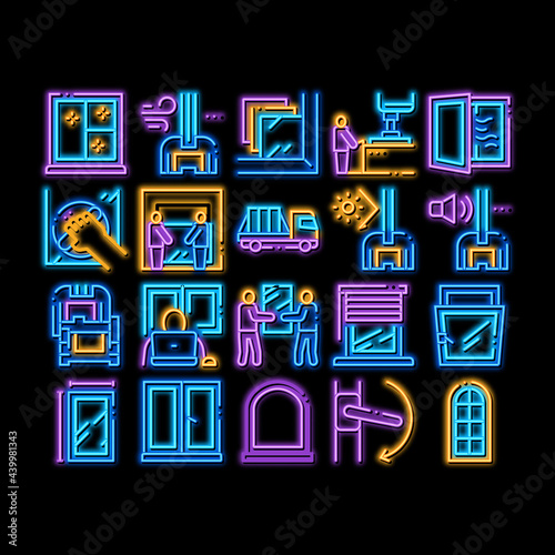 Pvc Window Frames neon light sign vector. Glowing bright icon Pvc Window Architectural Glass Building Detail And Handle, Carrying Truck And Jalousie Illustrations