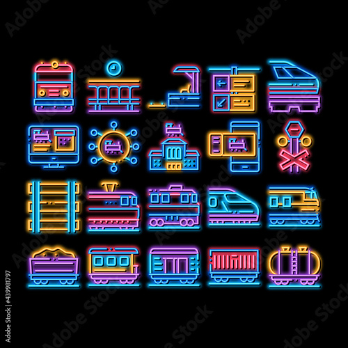 Train Rail Transport neon light sign vector. Glowing bright icon Electrical Passenger And Freight Train, Railway Station And Platform, Carriage And Ticket Illustrations