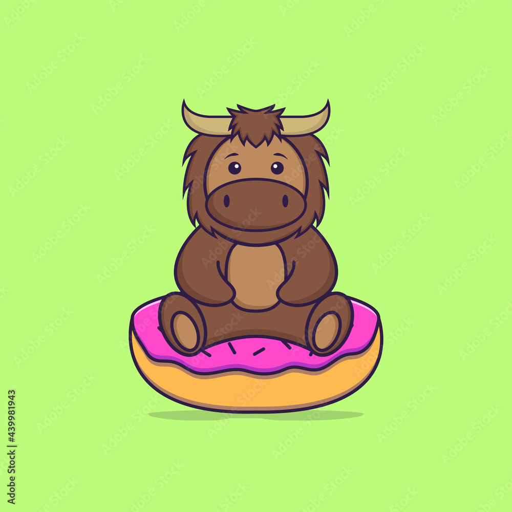 Cute bull is sitting on donuts. Animal cartoon concept isolated. Can used for t-shirt, greeting card, invitation card or mascot. Flat Cartoon Style Cute bull is sitting on donuts. Animal cartoon concept isolated. Can used for t-shirt, greeting card, invitation card or mascot. Flat Cartoon Style