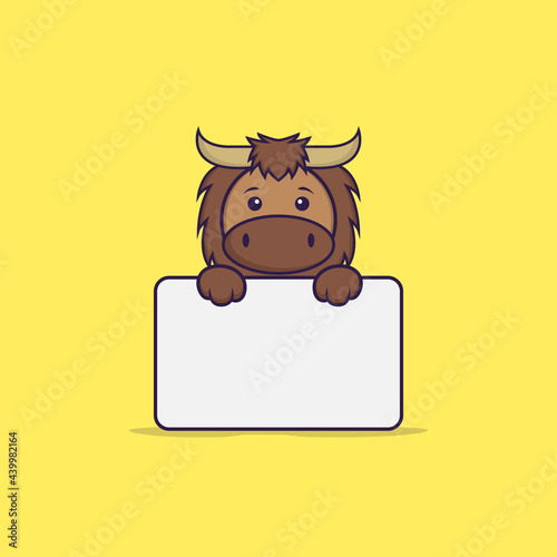 Cute bull holding whiteboard. Animal cartoon concept isolated. Can used for t-shirt, greeting card, invitation card or mascot. Flat Cartoon Style