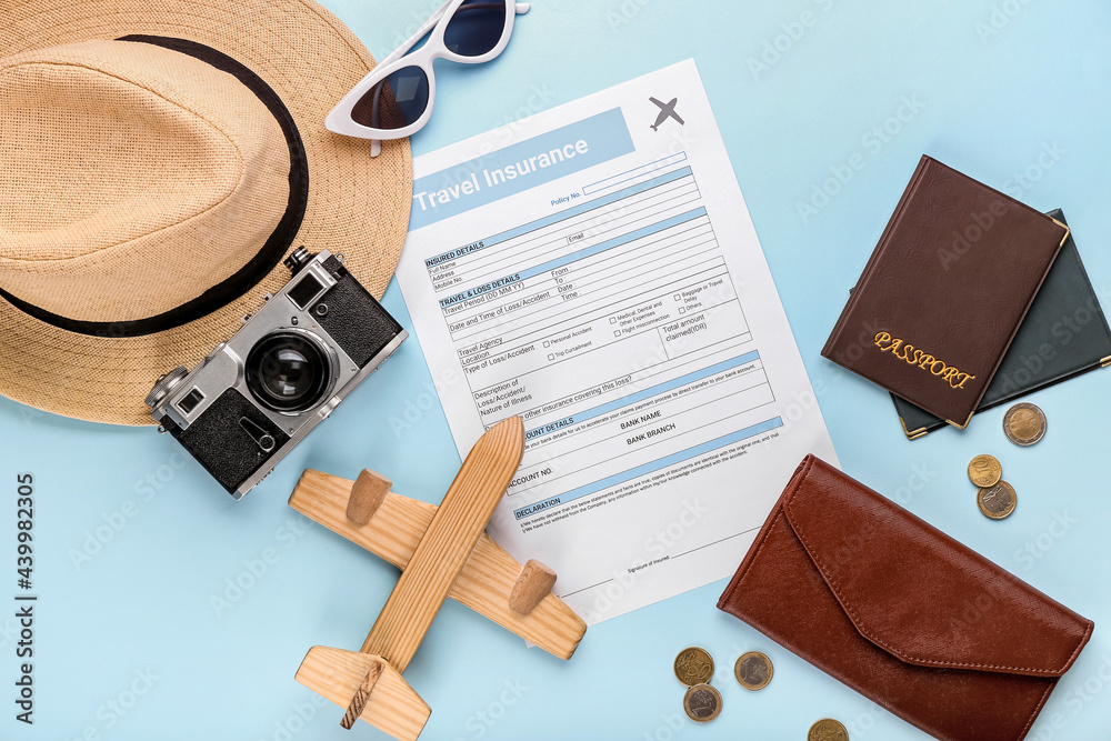 Composition with travel insurance and plane figure on color background