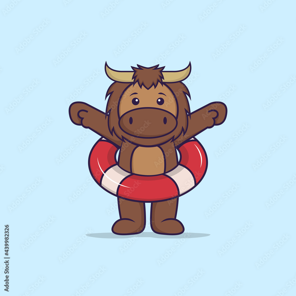 Obraz premium Cute bull using a float. Animal cartoon concept isolated. Can used for t-shirt, greeting card, invitation card or mascot. Flat Cartoon Style