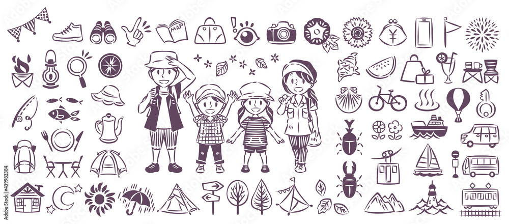 夏休みの旅行 アウトドアレジャー 家族 アイコンイラスト セット 夏休みの旅行 アウトドアレジャー 家族 アイコンイラスト セット