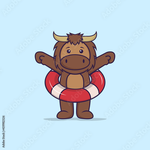 Cute bull using a float. Animal cartoon concept isolated. Can used for t-shirt  greeting card  invitation card or mascot. Flat Cartoon Style