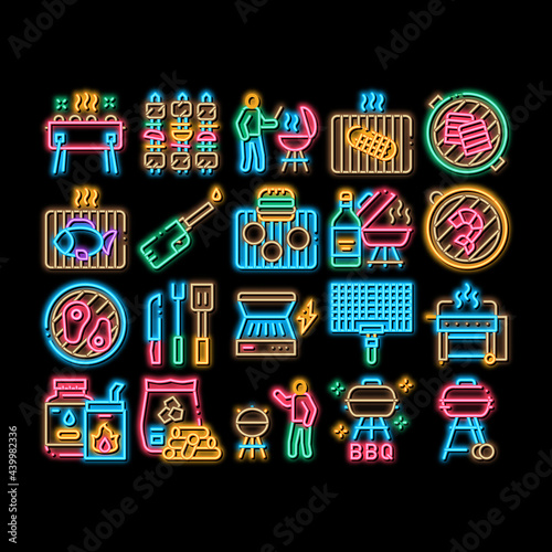 Bbq Barbecue Cooking neon light sign vector. Glowing bright icon Bbq Fried Meat And Shrimp, Fish And Bacon, Utensil And Gas Lighter, Grid And Wood Stick Illustrations
