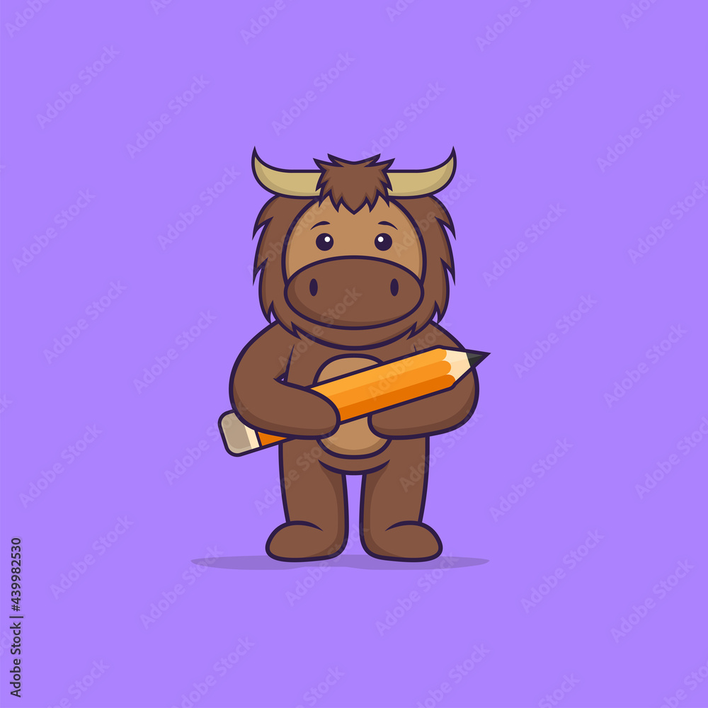 Cute bull holding a pencil. Animal cartoon concept isolated. Can used for t-shirt, greeting card, invitation card or mascot. Flat Cartoon Style