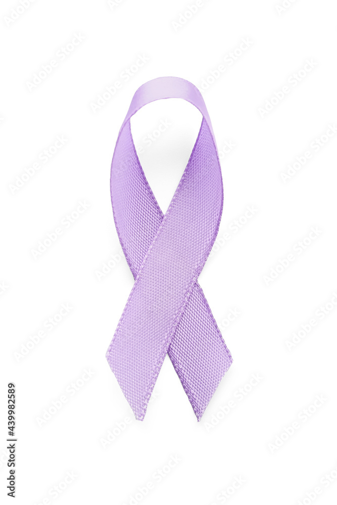 Lilac ribbon on white background. Cancer awareness concept foto de Stock