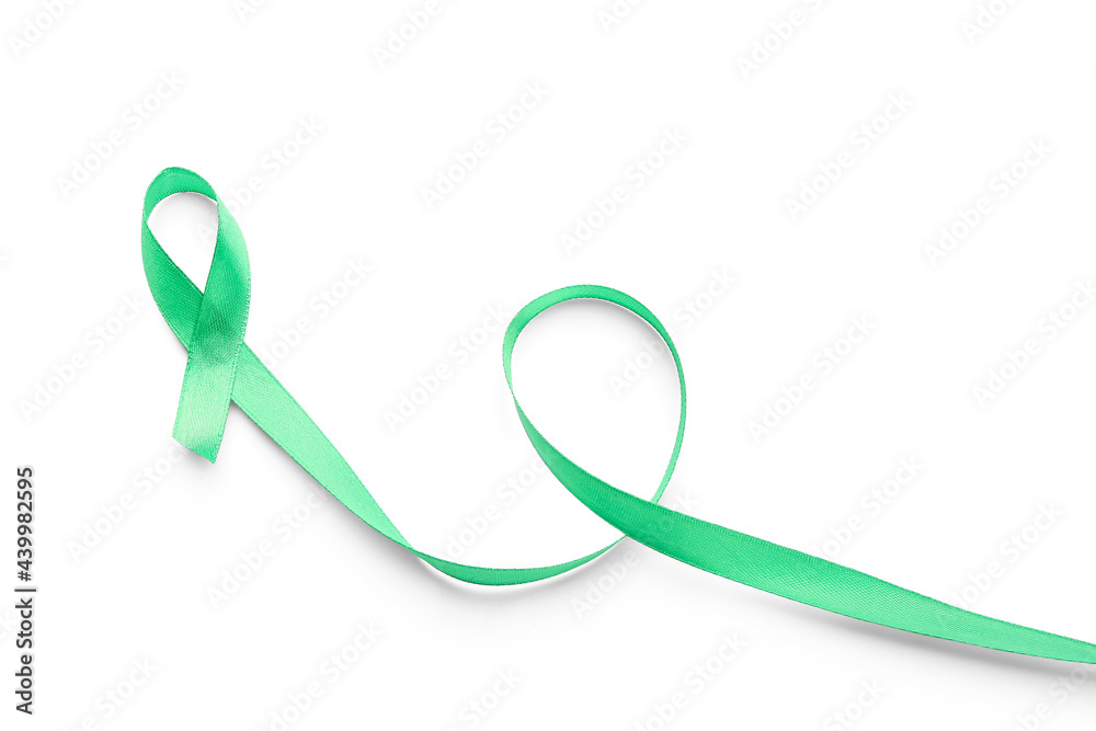 Green ribbon on white background. Mitochondrial diseases and kidney cancer concept Green ribbon on white background. Mitochondrial diseases and kidney cancer concept