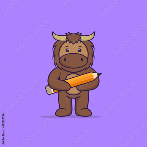 Cute bull holding a pencil. Animal cartoon concept isolated. Can used for t-shirt  greeting card  invitation card or mascot. Flat Cartoon Style
