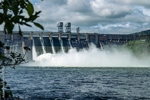 Krasnoyarsk hydroelectric power station and dam. water discharge.