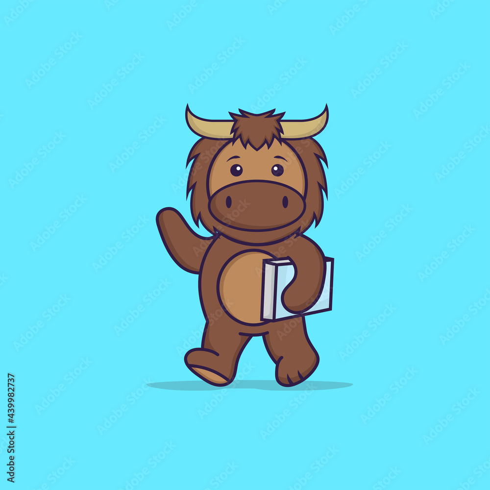 Cute bull holding a book. Animal cartoon concept isolated. Can used for t-shirt, greeting card, invitation card or mascot. Flat Cartoon Style Cute bull holding a book. Animal cartoon concept isolated. Can used for t-shirt, greeting card, invitation card or mascot. Flat Cartoon Style