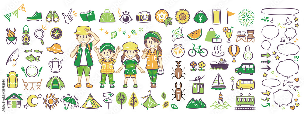 Fototapeta premium 夏休みの旅行 アウトドアレジャー 家族 アイコンイラストと吹き出し セット