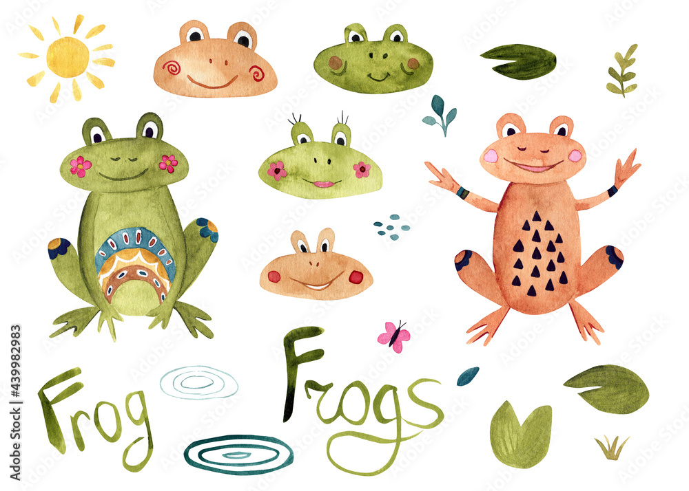 Fototapeta premium Collection of watercolor frogs illustrations Clip arts for cards, patterns, decor and design. 