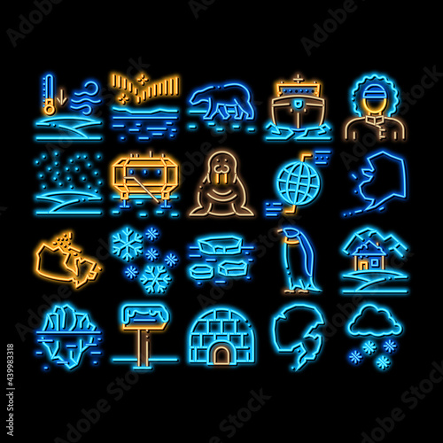 Arctic And Antarctic neon light sign vector. Glowing bright icon Arctic Snow And Ice, Iceberg And Bear, Station And Ship, Penguin And Walrus Illustrations