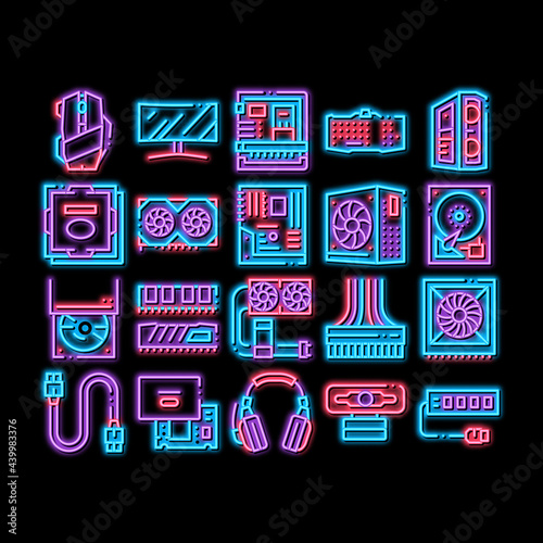 Computer Technology neon light sign vector. Glowing bright icon Computer Mouse And Keyboard, Monitor And Video Card, Earphones And Cooler, Disk And Cord Illustrations