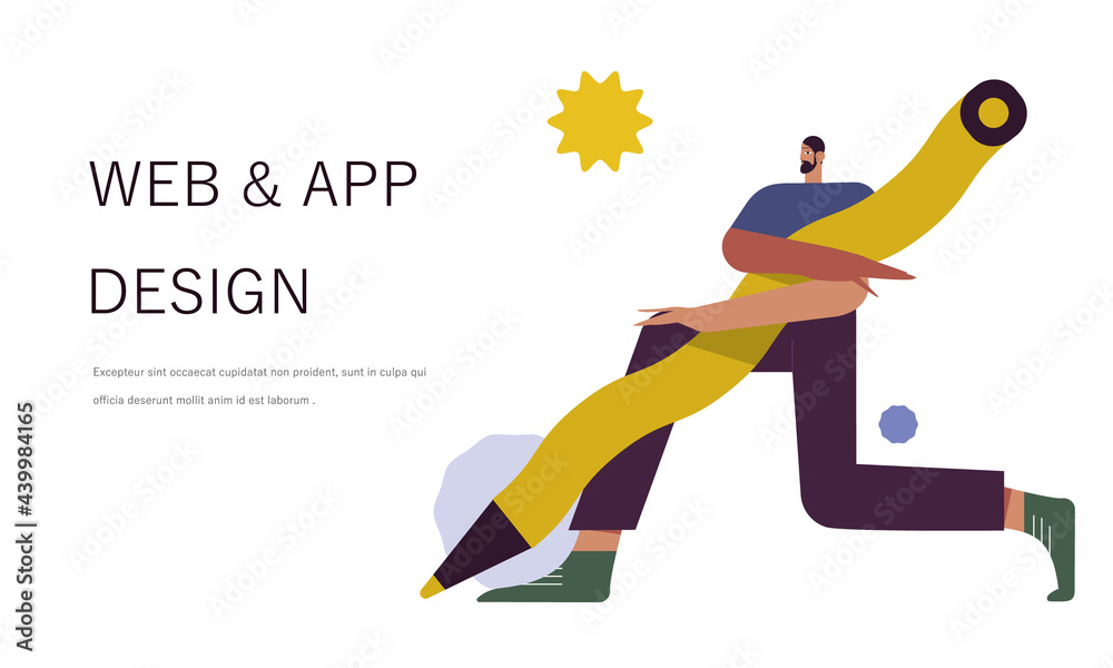 Man is working on ui ux design project. Designer drawing scetch in vector programm with big pencil. Charcter illustration for design online classes or seminar banner, ads, landing page, application.
