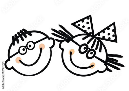 Boy and girl with pink cheeks, black vector icon, contour drawing