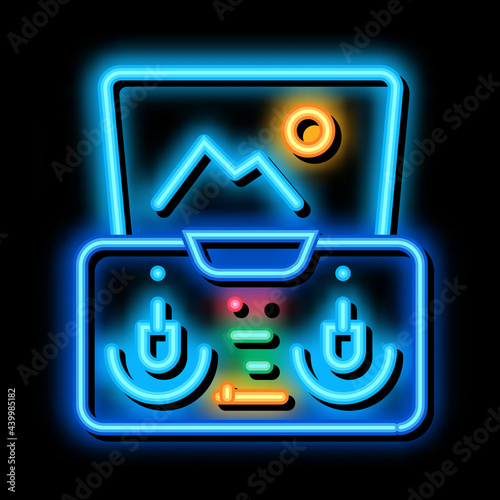 drone smartphone app remote controle neon light sign vector. Glowing bright icon drone smartphone app remote controle sign. transparent symbol illustration