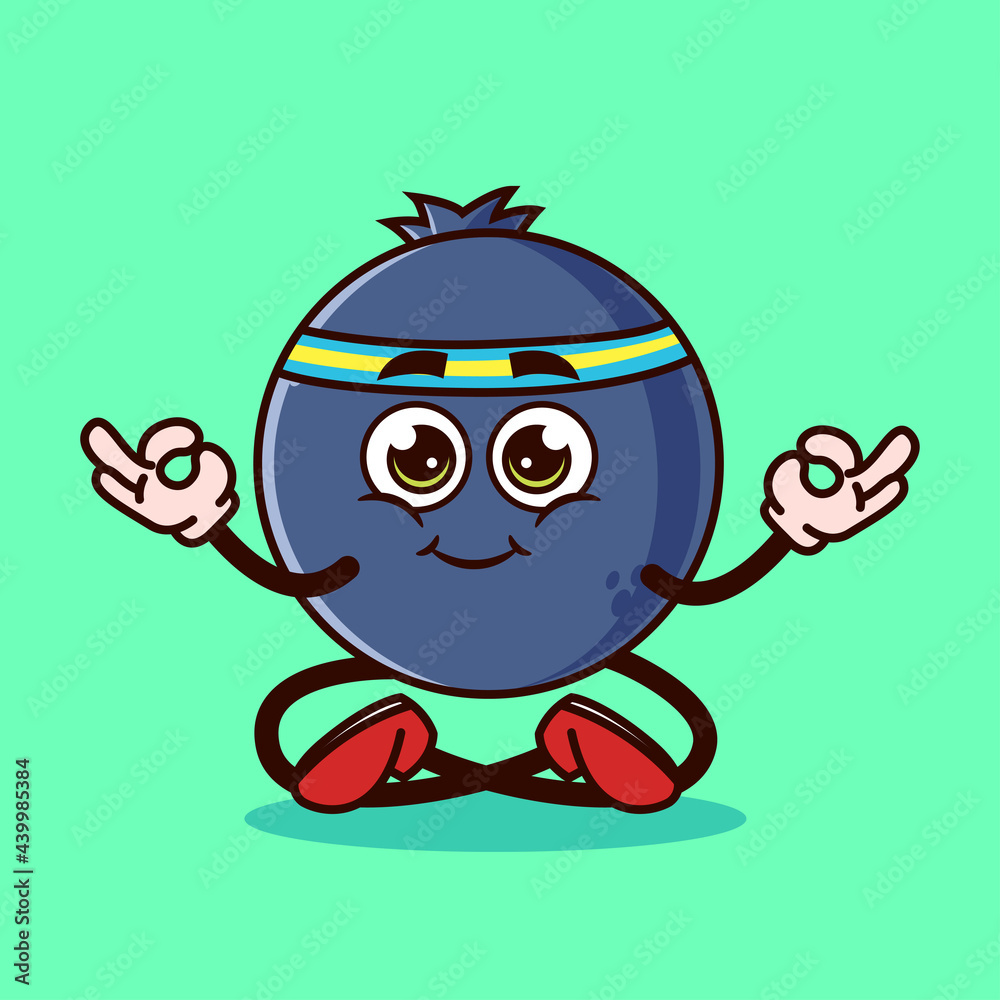 Cute Blueberry fruit character Meditation. Fruit character icon concept isolated. Emoji Sticker. flat cartoon style Vector