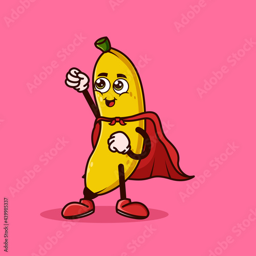 Cute Banana fruit character with Super hero costume and try to fly. Fruit character icon concept isolated. Emoji Sticker. flat cartoon style Vector
