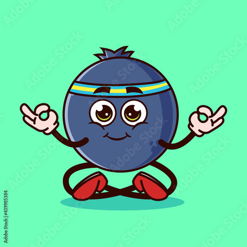 Cute Blueberry fruit character Meditation. Fruit character icon concept isolated. Emoji Sticker. flat cartoon style Vector