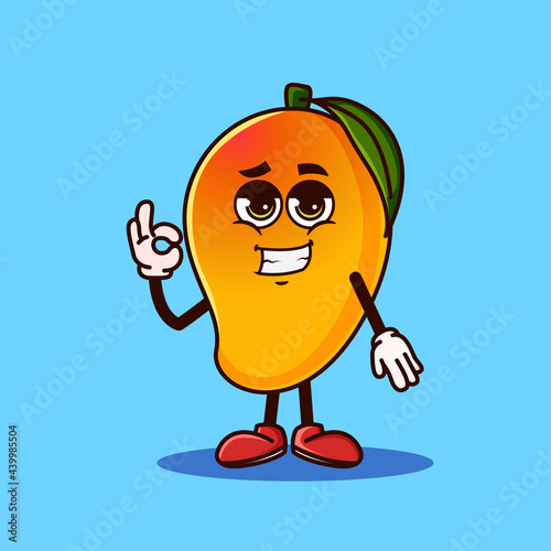 Cute Mango fruit character with cool emoji and show gesture OK. Fruit character icon concept isolated. Emoji Sticker. flat cartoon style Vector