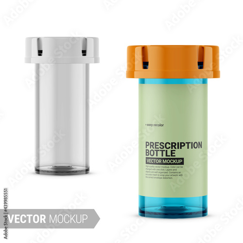 Orange transparent prescription bottle mockup. Vector illustration.