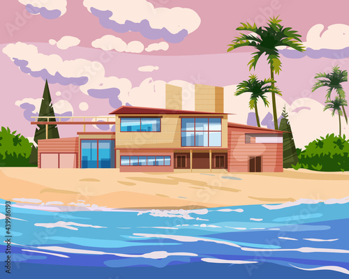 Villa on tropical exotic island coast. Modern luxury cottage, ocean, beach, palms and plants, summertime landscape seachore. Vector illustration