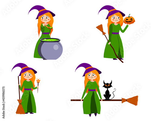 a set of cute cartoon witches in hats. vector isolated on a white background