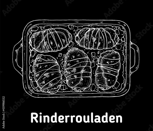German Rinderrouladen hand drawn vector illustration. German beef roulades top view. Vintage design element. Sketch illustration.